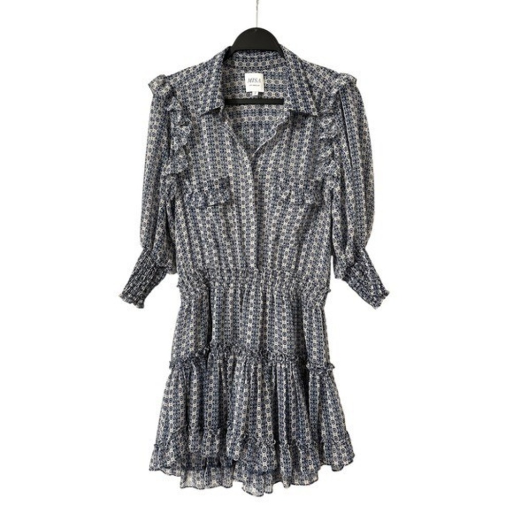 MISA Los Angeles Lillian Ruffle Mini Dress Blue Boho Cottagecore S